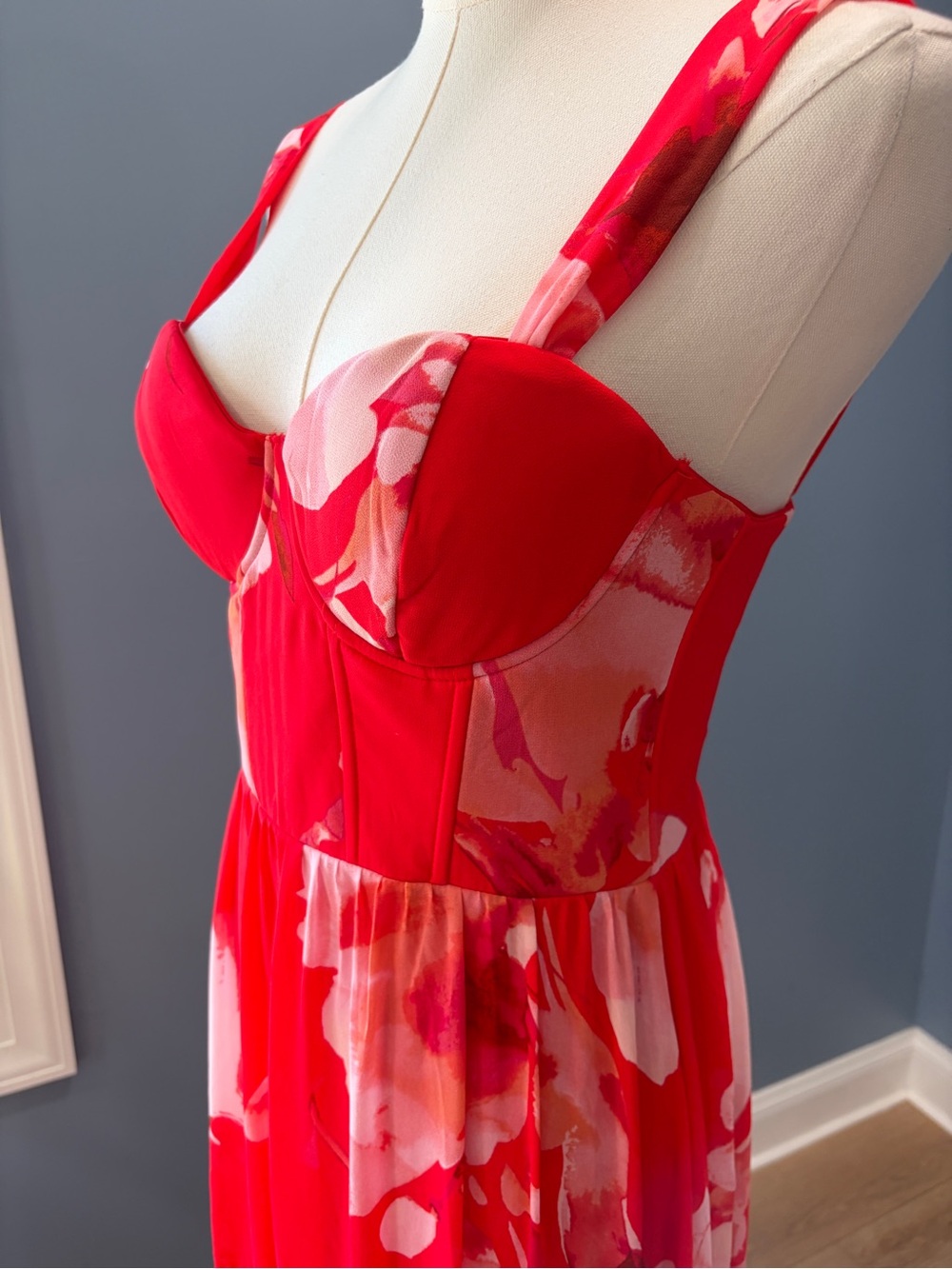 Lulus Red Pink Floral Bustier Tiered Maxi Dress Size Small - Picture 6 of 12